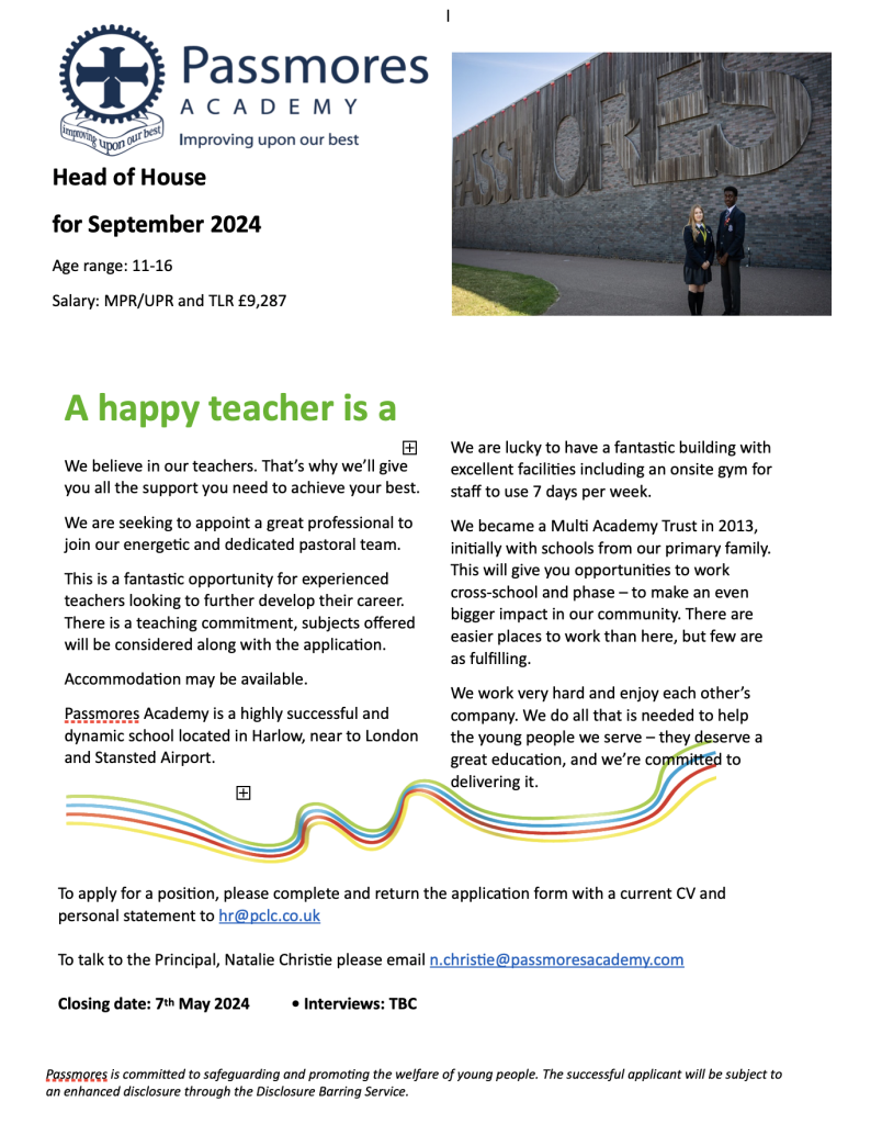 Jobs: Passmores Academy: Head of House
