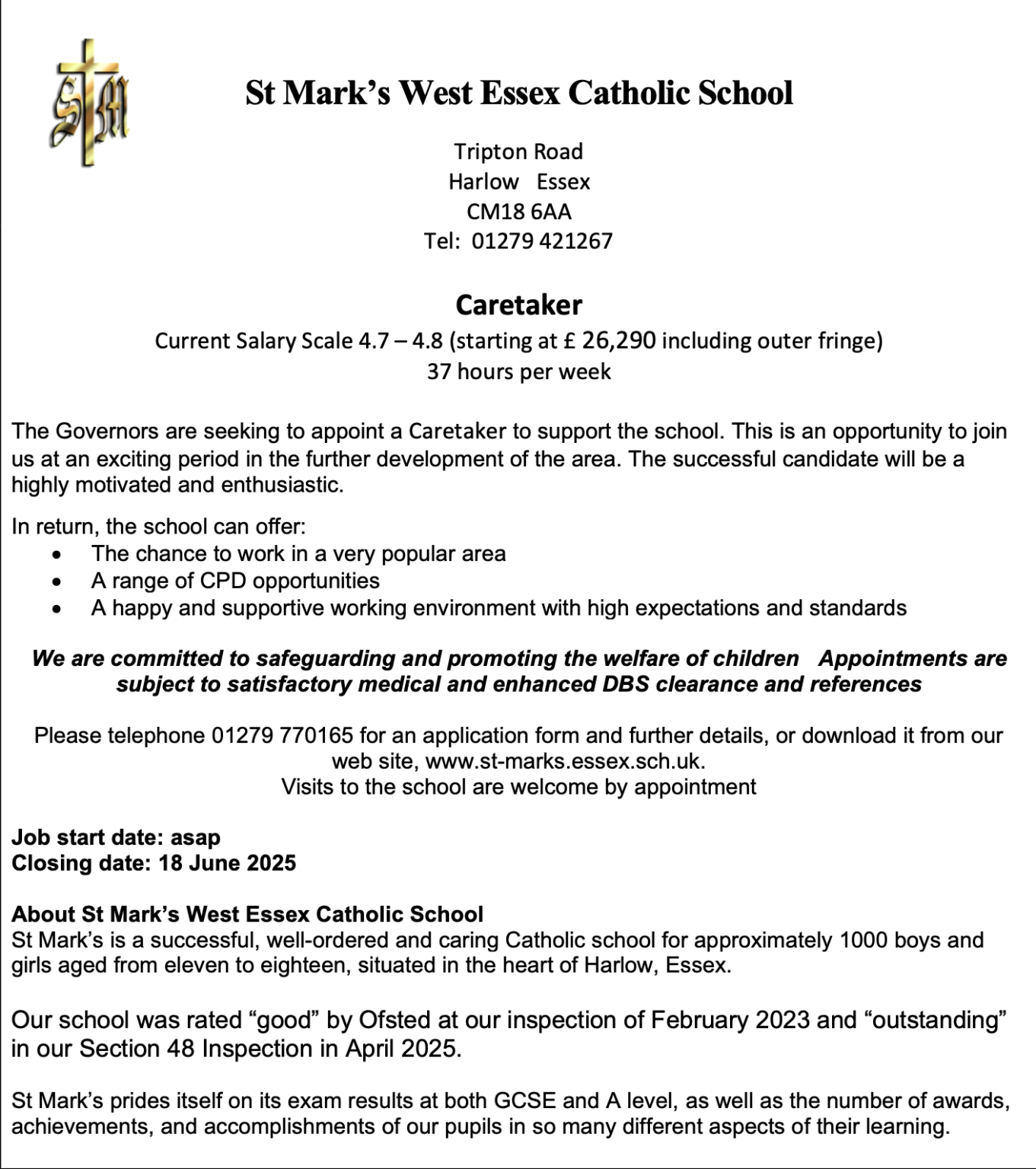 jobs-st-marks-west-essex-catholic-school-caretaker